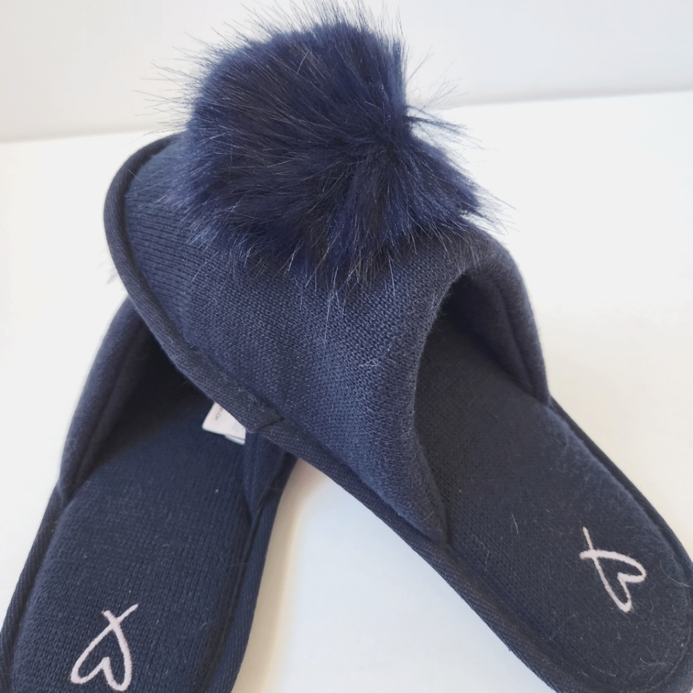 Victoria's Secret Slippers Scuffs SM 5/6 Navy Blue Puff Pom Pom Boudoir Bath - Picture 4 of 7